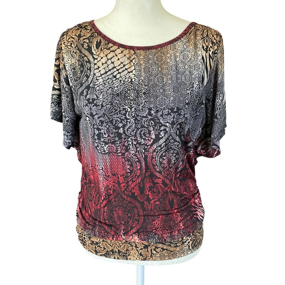 Women's multicolored short sleeve stretchy top cinched sides round neckline